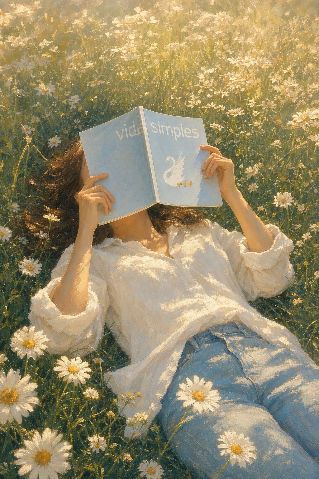 Mulher deitada num campo de margaridas ao sol descansando com a revista Vida Simples sobre o rosto