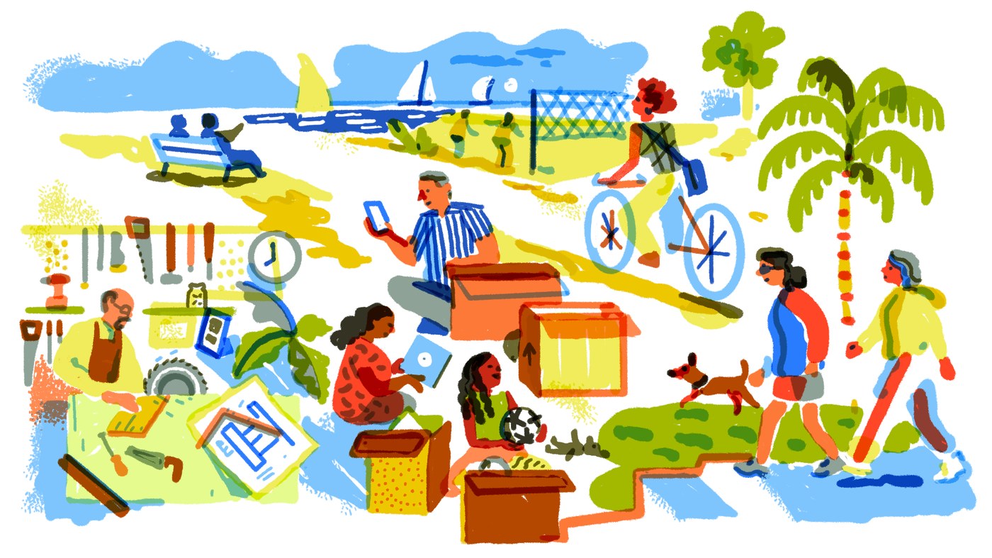 Ilustração de uma comunidade vivendo com leveza: pessoas na praia, andando de bicicleta, lendo e caminhando