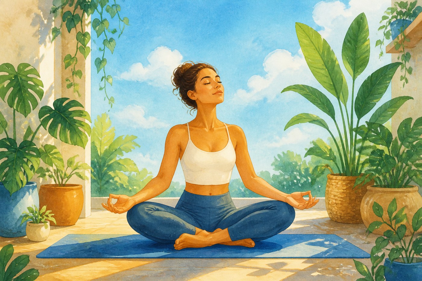 Ilustração de uma pessoa fazendo yoga e respirando fundo entre plantas